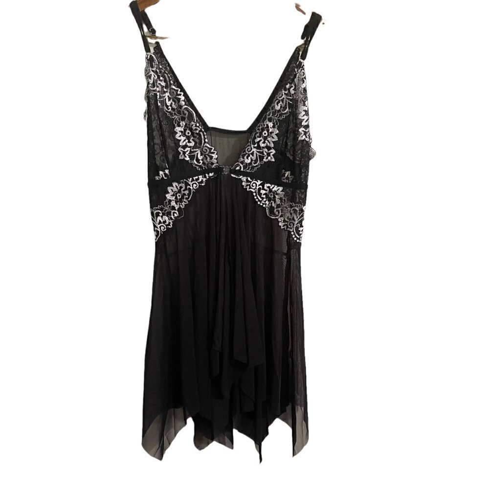 Womens Black White Lace Front Clasp Ruffle Asymmetrical Teddy Lingerie 0XL